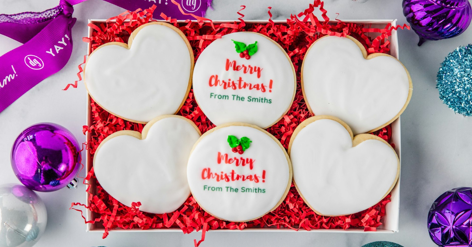 Personalized Merry Christmas heart cookies in a gift box