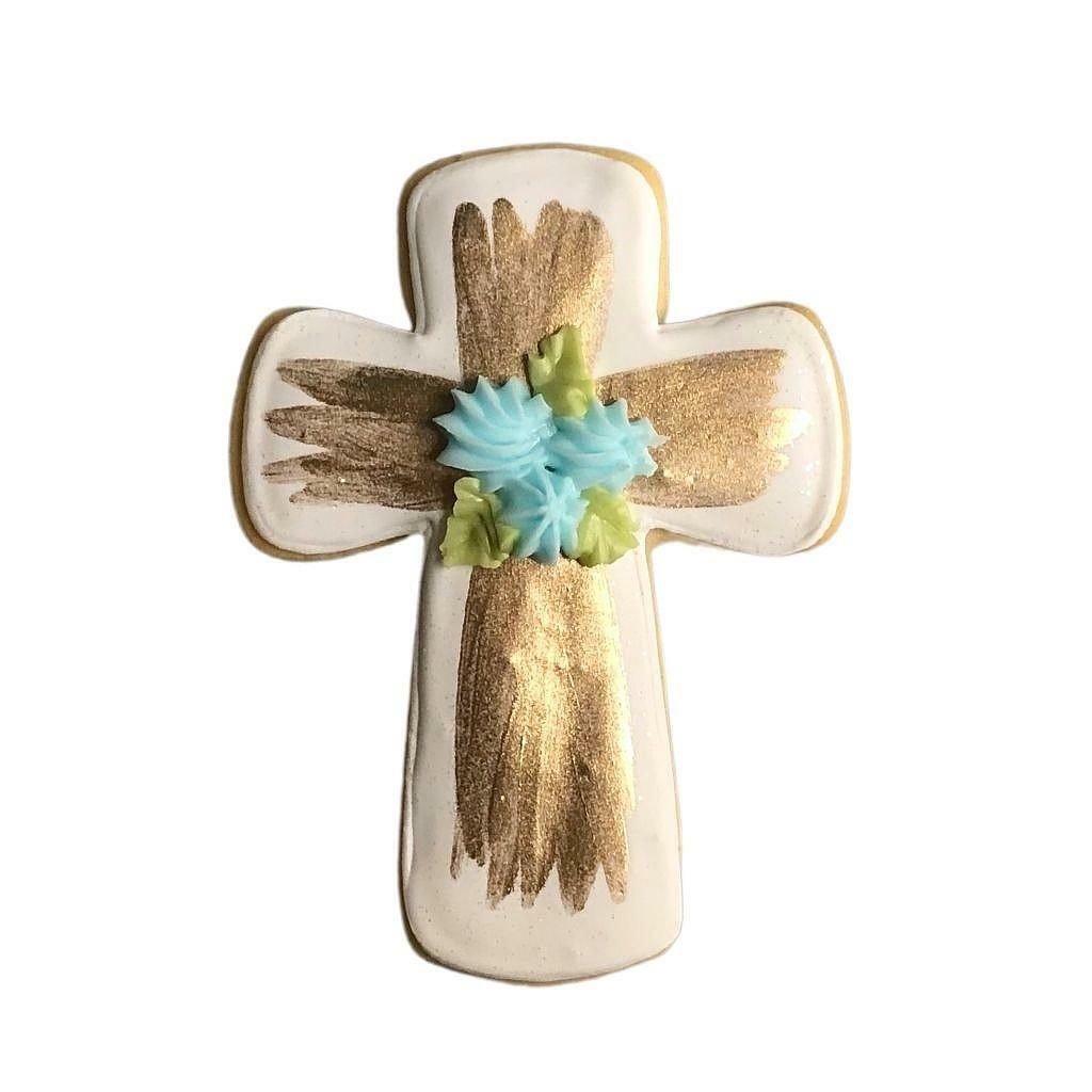 Baptism and First Communion cross cookie with gold accents