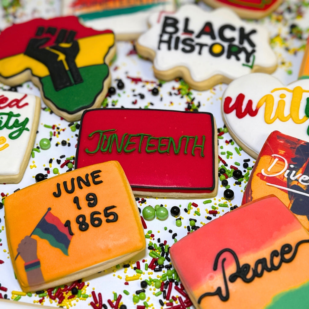 Juneteenth themed sugar cookies with colorful icing.