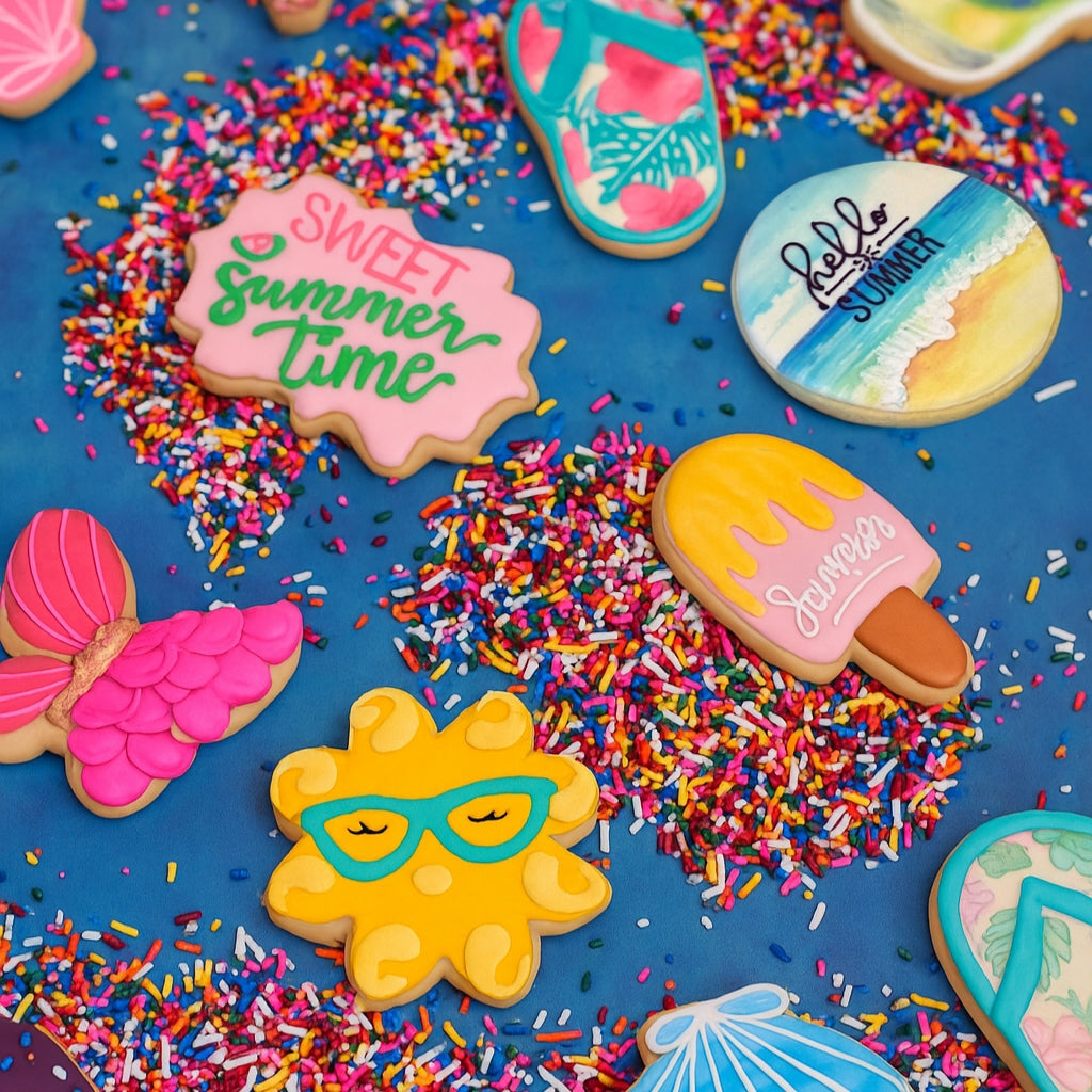 Summer themed sugar cookies with colorful sprinkles on blue background
