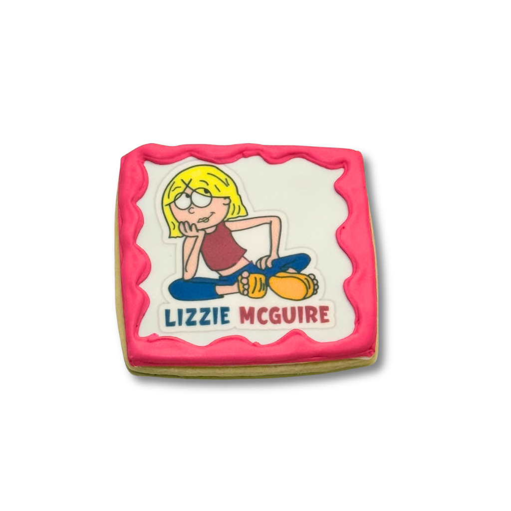 Lizzie McGuire square cookie with pink piped icing border