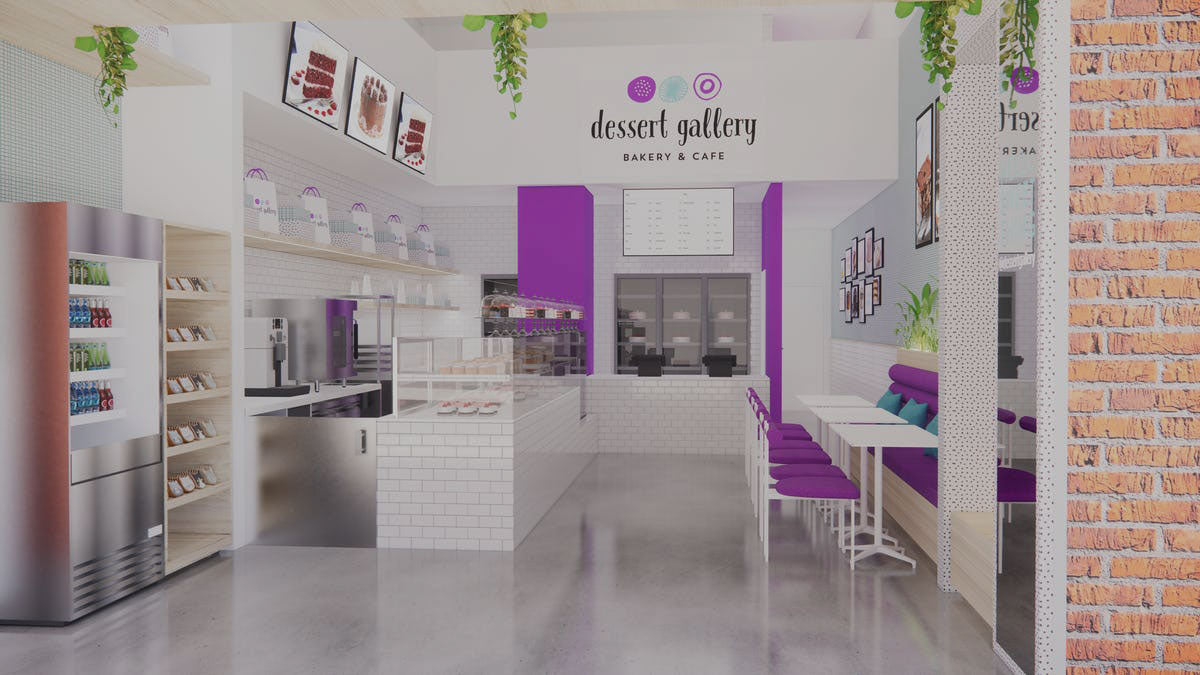 Modern Dessert Gallery bakery interior with purple accents