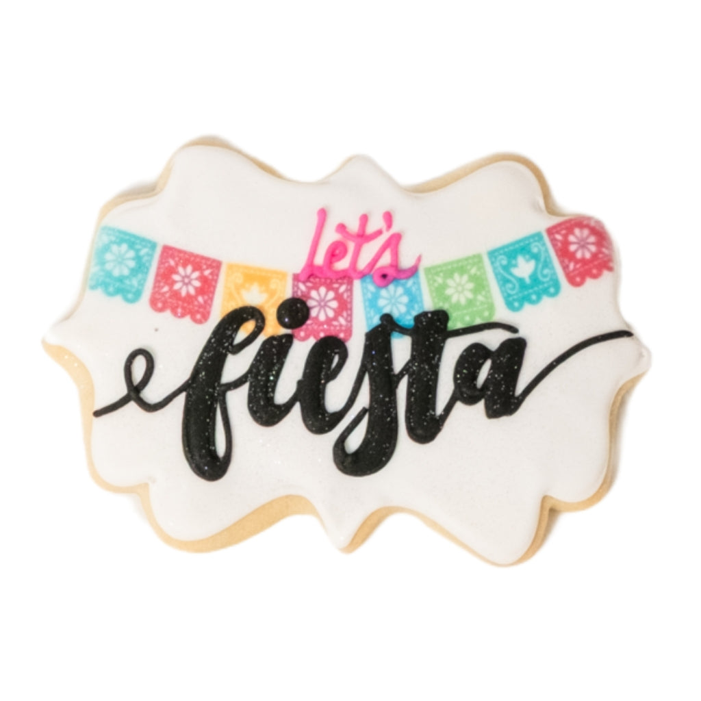 Cinco de Mayo cookie with Let's Fiesta icing and bunting.