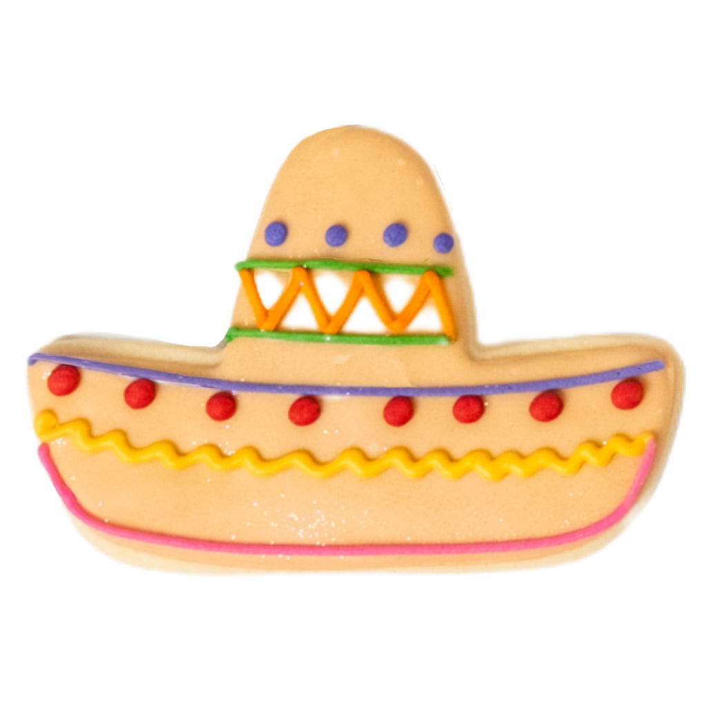 Cinco de Mayo sombrero cookie with colorful icing decorations.