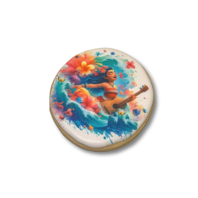 Round Moana cookie with colorful tropical floral design