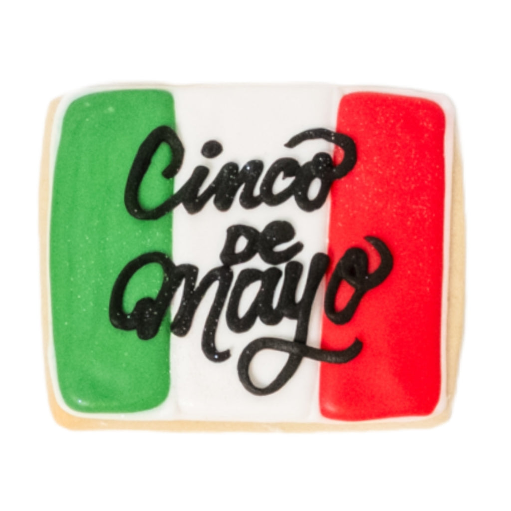 Cinco de Mayo cookie with green, white, and red flag icing.
