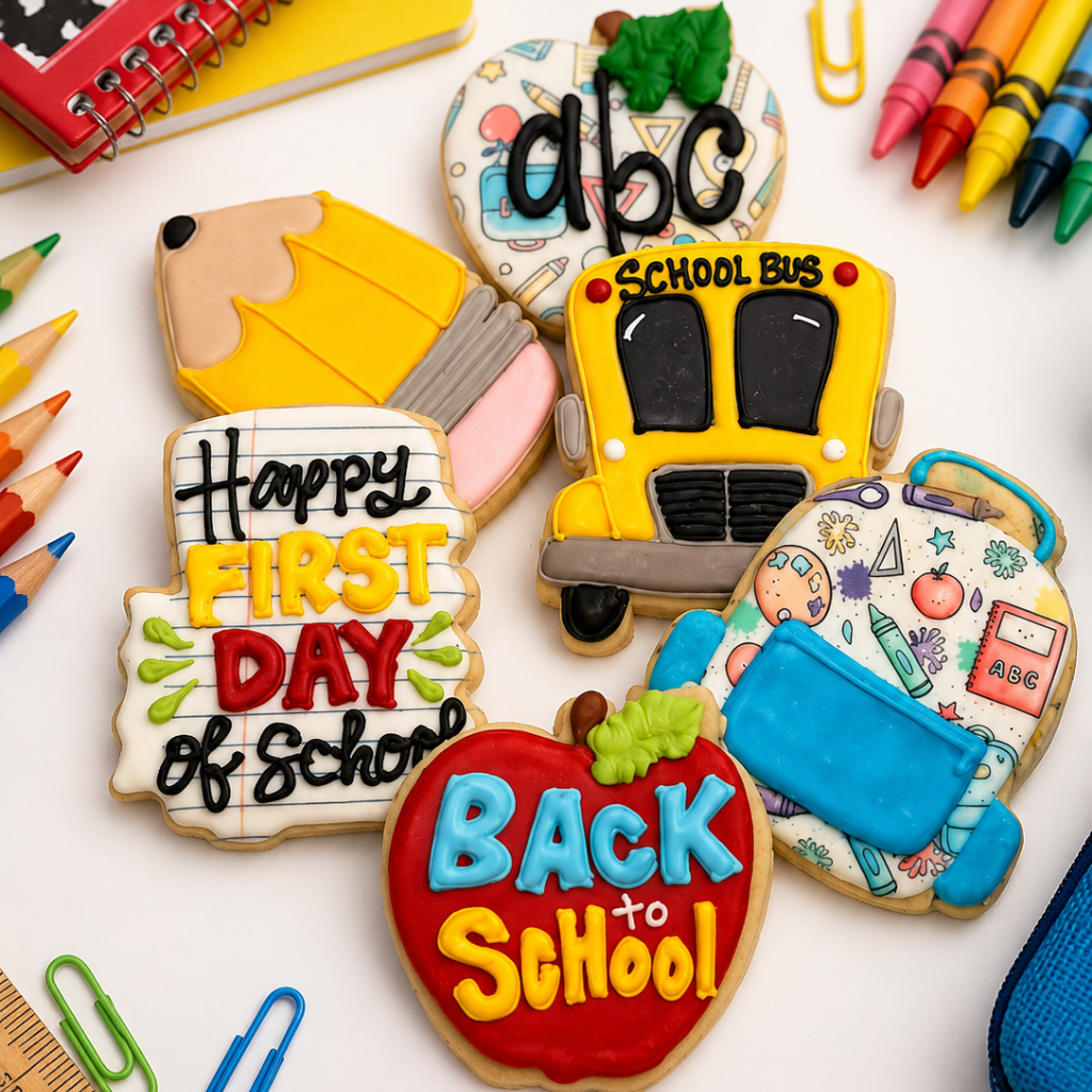 Assorted Back to School cookies shaped like school supplies.