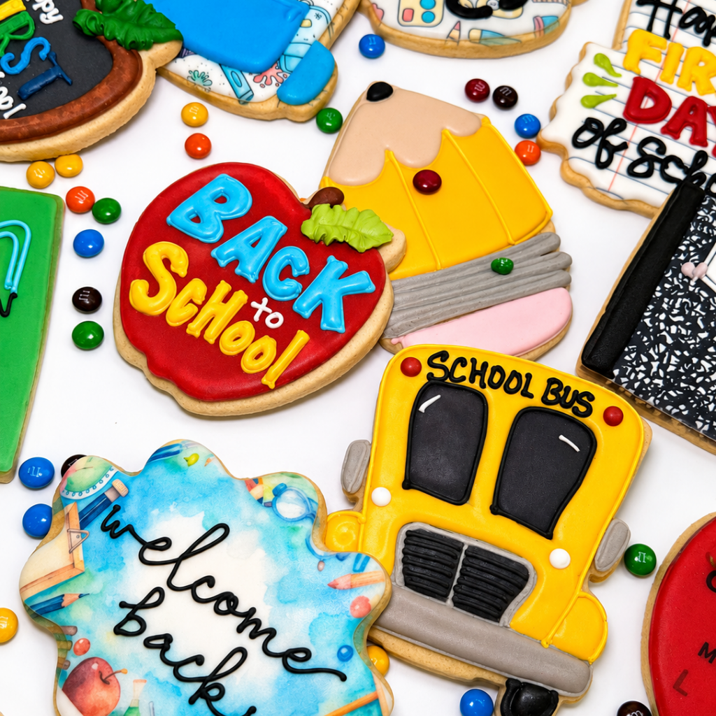 Assorted Back to School cookies with colorful icing designs.