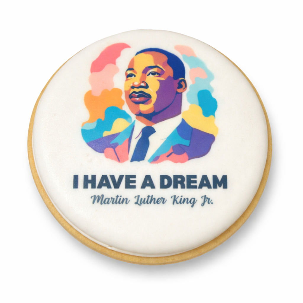 Martin Luther King Day cookie with colorful portrait icing.