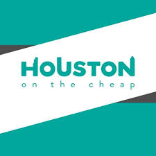 Houston on the Cheap logo on a teal and white background