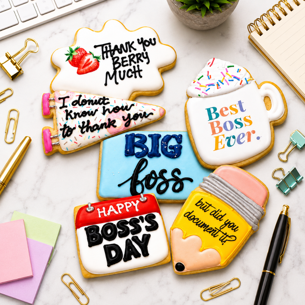Assorted Boss's Week cookies with office-themed icing designs.