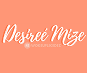 Desiree Mize logo in white script on a coral background