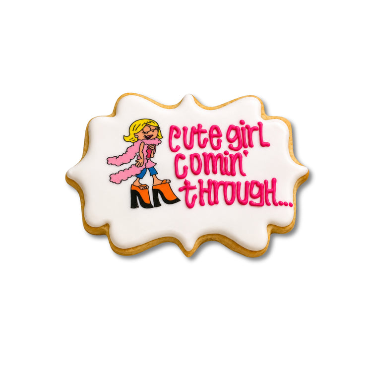 Lizzie McGuire cookie with pink text and cartoon character design.