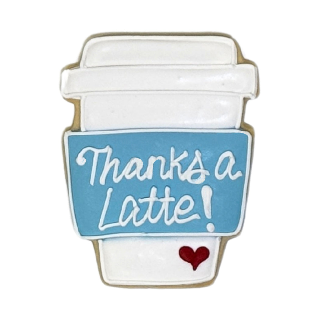 Thanks a Latte coffee cup cookie with blue icing and a red heart.