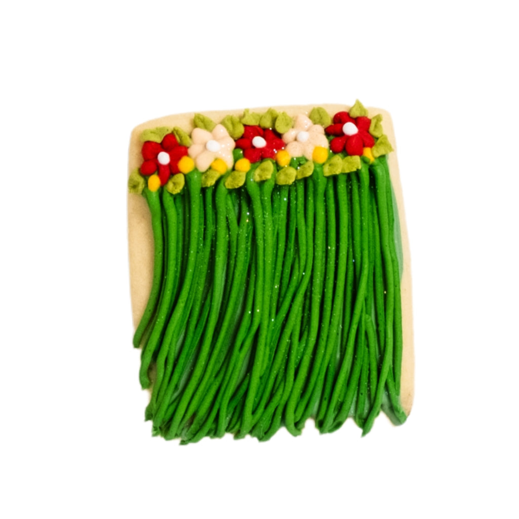 Lilo & Stitch themed cookie decorated with a green grass skirt.