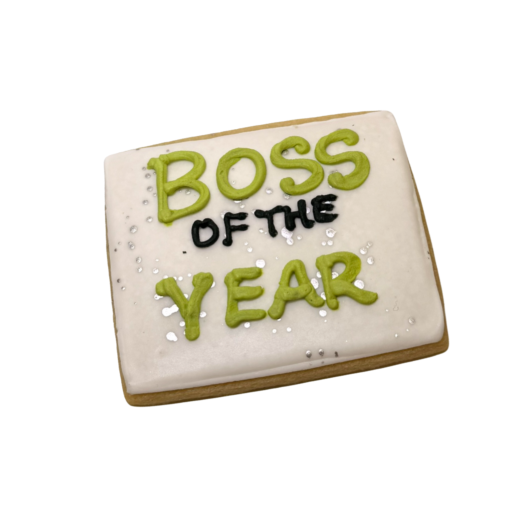 Boss's Week square cookie with green and black icing.