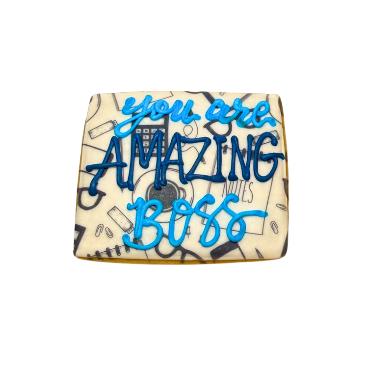 Boss's Week cookie with blue icing and office supply print.