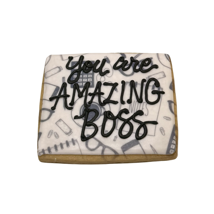 Square Boss's Week cookie with office supply print and icing.