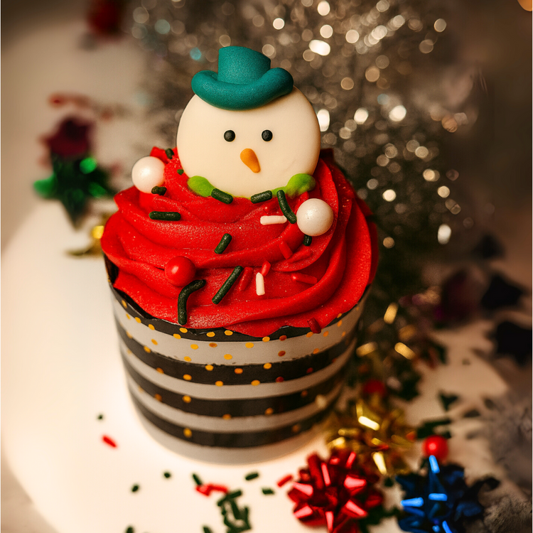Christmas cupcake with red frosting and a snowman topper.