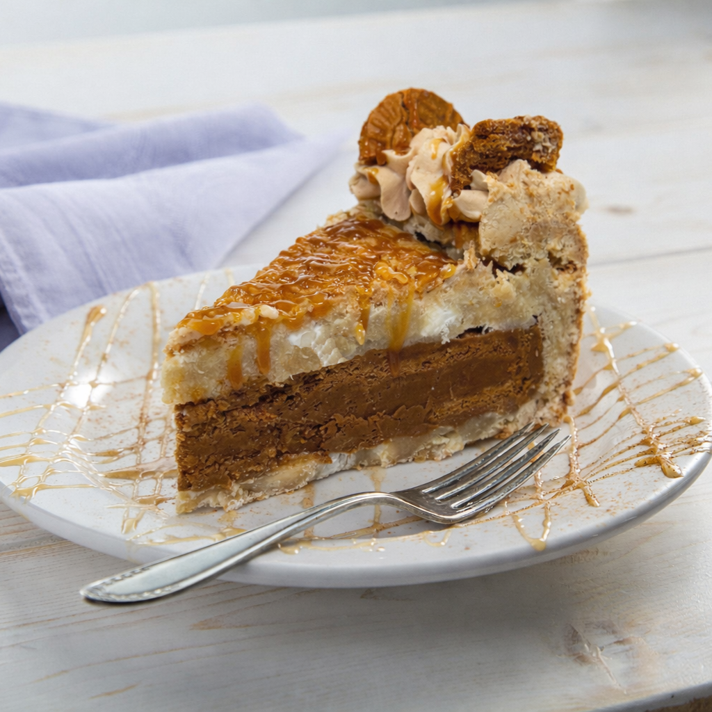 Slice of caramel cookie cheesecake on a white plate