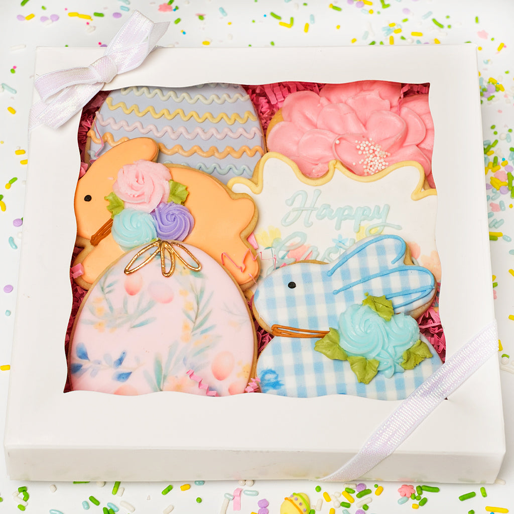 Curated gift box of 6 Easter cookies with pastel icing designs.