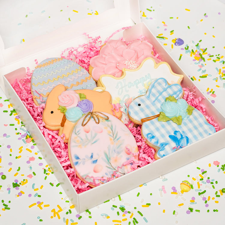 Curated gift box of 6 Easter cookies with pastel icing.