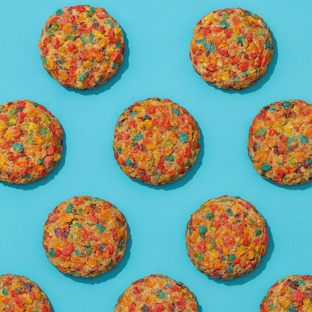 Fruity Pebble Dough cookies arranged on a blue background.