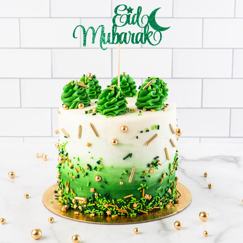 6-inch green Eid cake with gold sprinkles and topper