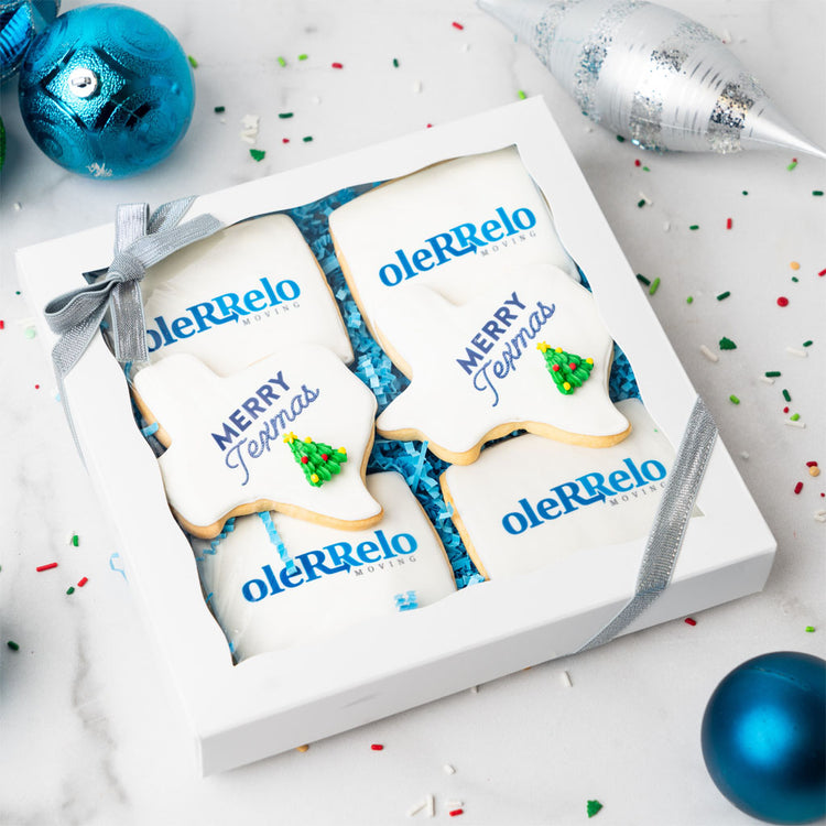 6-pack photo and logo cookies in a gift box with silver ribbon.