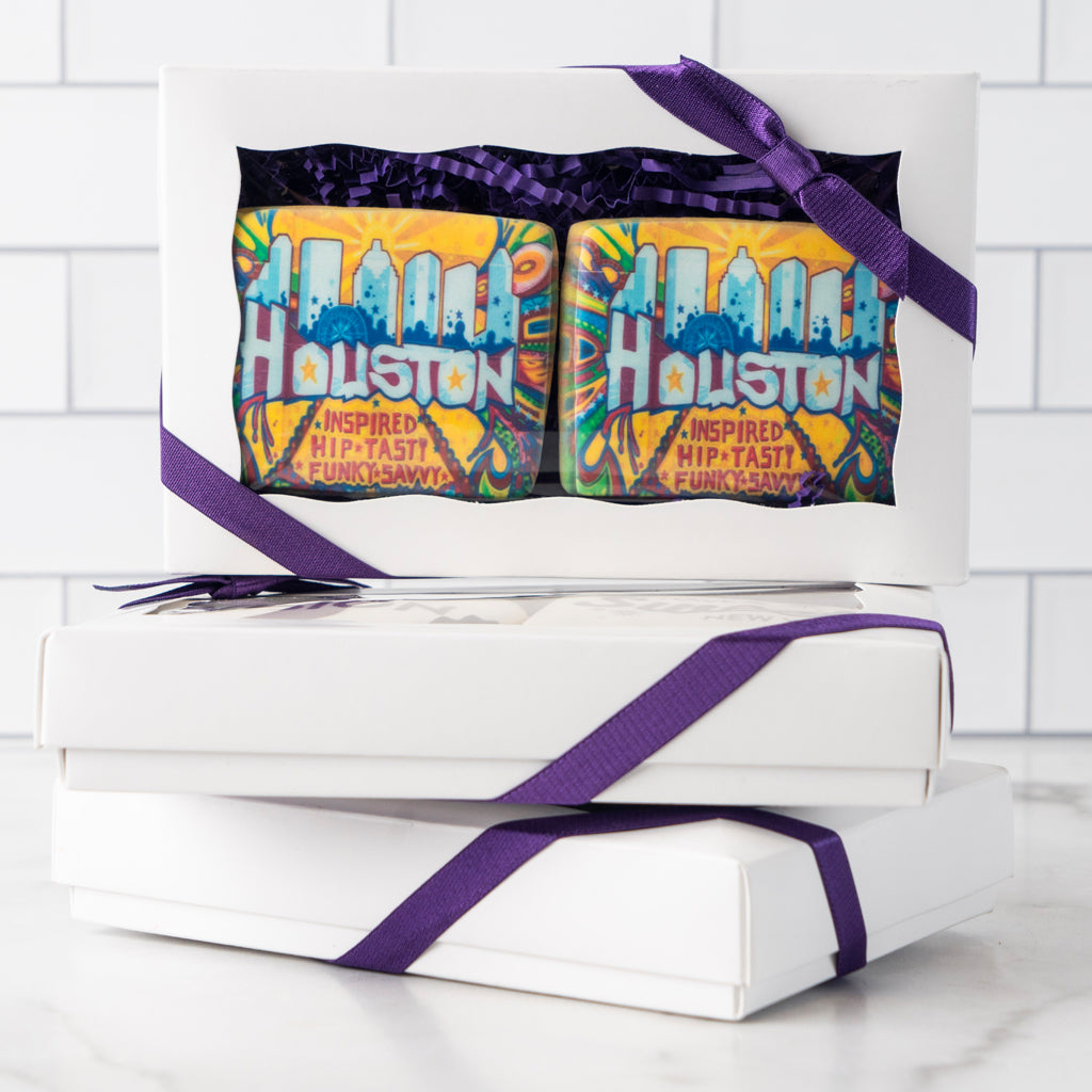 Photo & Logo Cookie Gift Box 2-pack with purple ribbon.