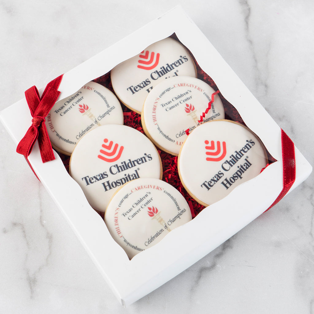 6-pack photo and logo cookies in a white gift box with red bow.