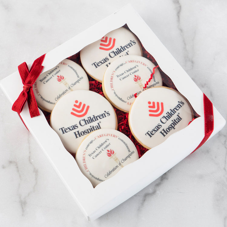 6-pack photo and logo cookies in a white gift box with red bow.