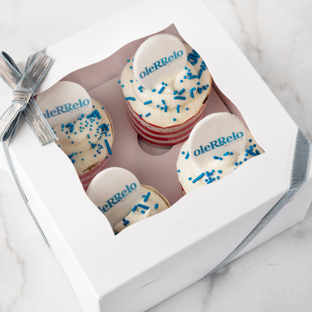 4-pack photo and logo cupcakes in a white gift box with bow.