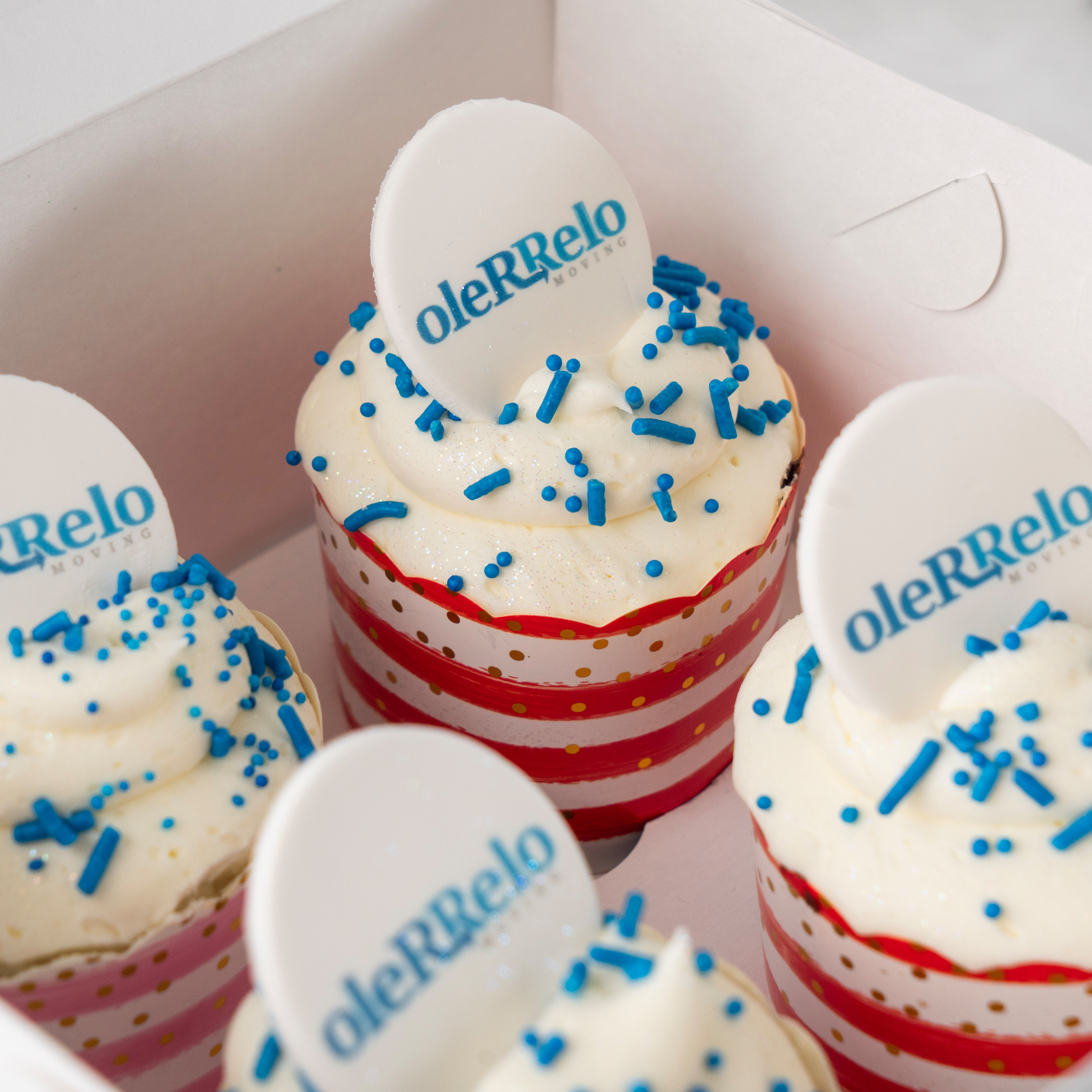 4-pack photo and logo cupcakes in red striped liners