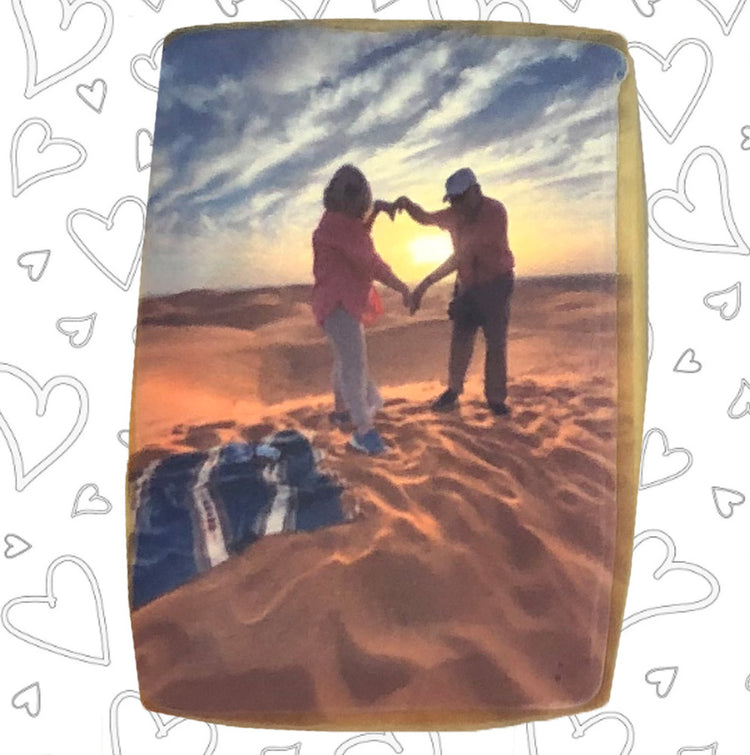 Photo and logo business card cookie with sunset couple image
