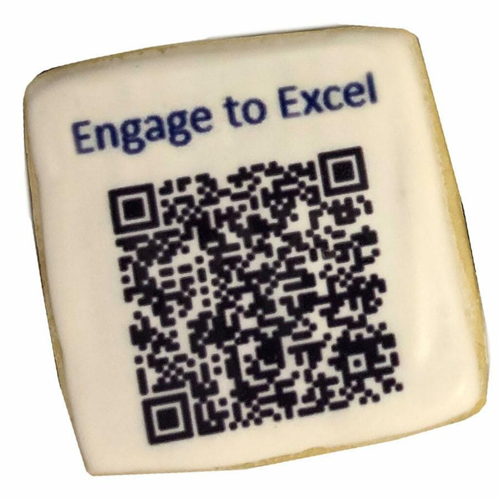 Square QR code cookie with Engage to Excel text.