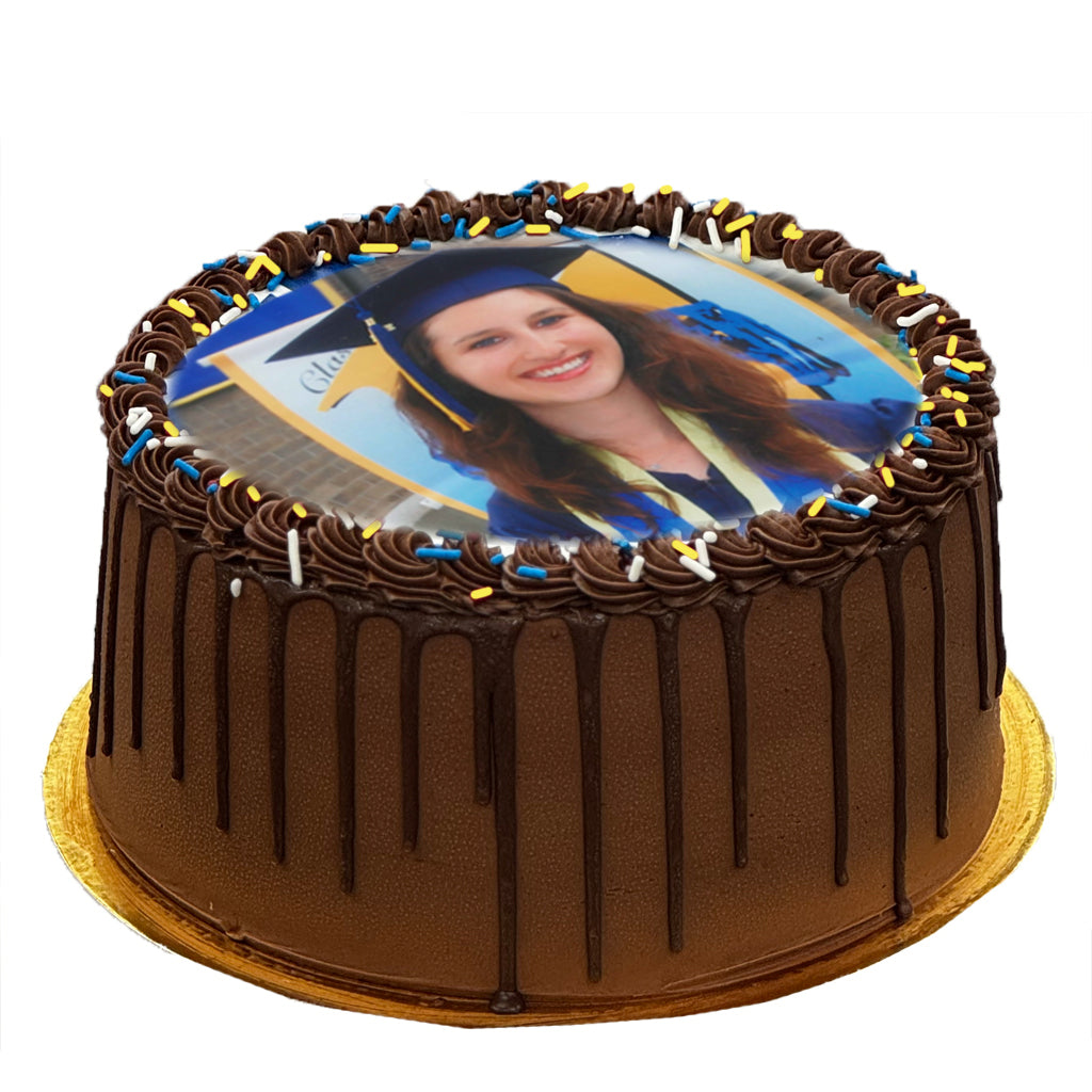 9-inch graduation photo cake with chocolate drip frosting