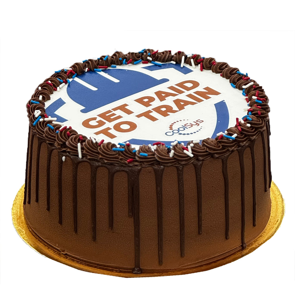 9-inch chocolate drip cake with a custom logo topper