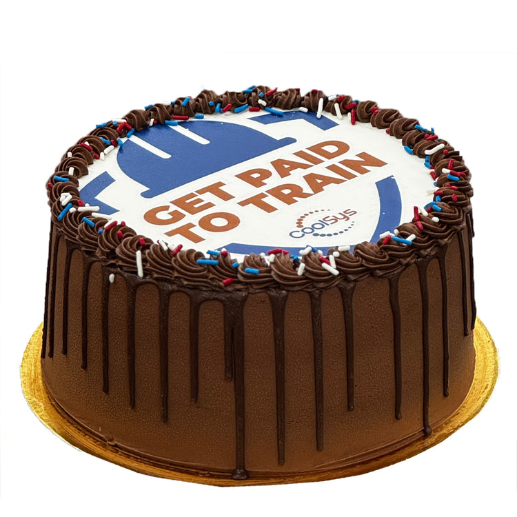 9-inch chocolate drip cake with a custom logo topper