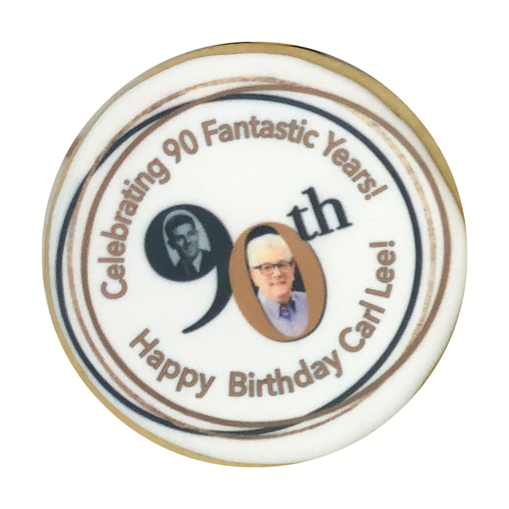 Round 90th birthday photo cookie with custom text and images.