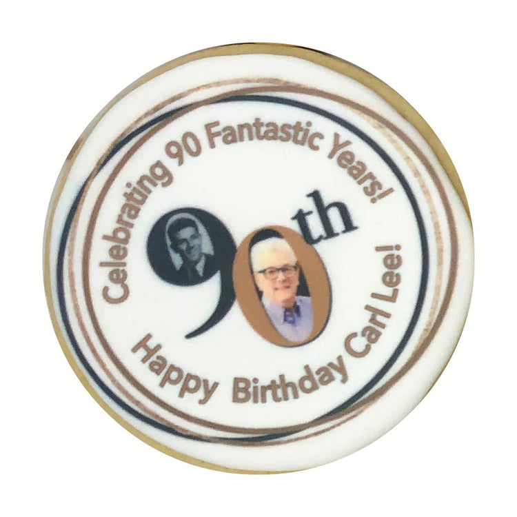 Round 90th birthday photo cookie with custom text and images.
