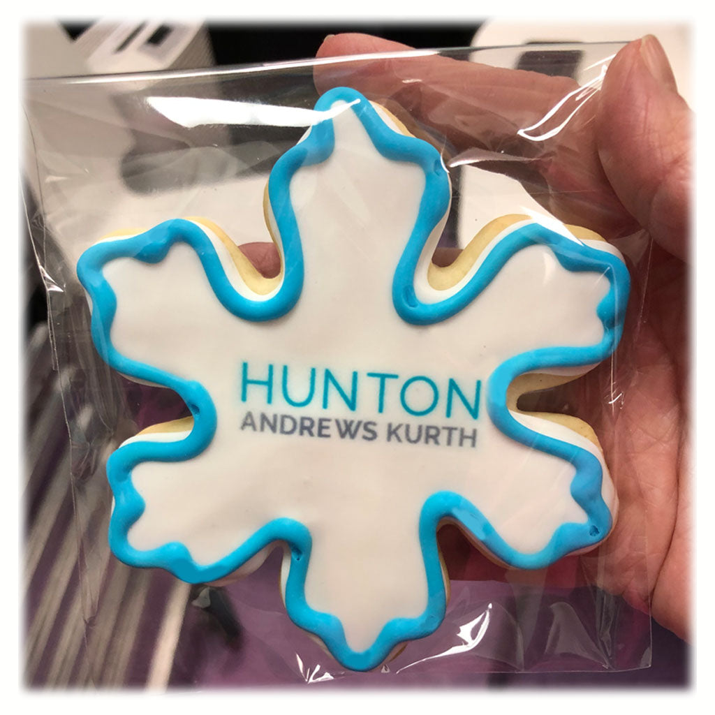 Snowflake-shaped logo cookie with blue and white icing.