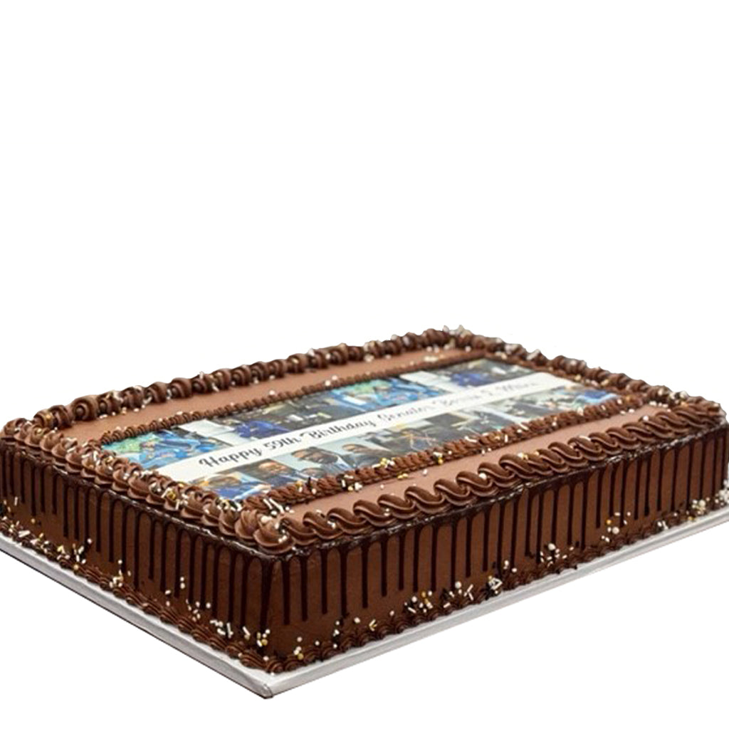 Rectangular chocolate sheet cake with a custom photo print.