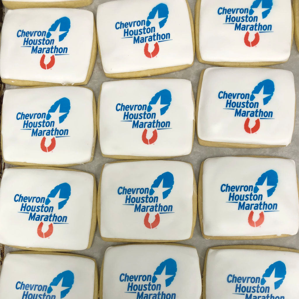 Rectangular sugar cookies with Chevron Houston Marathon logos.