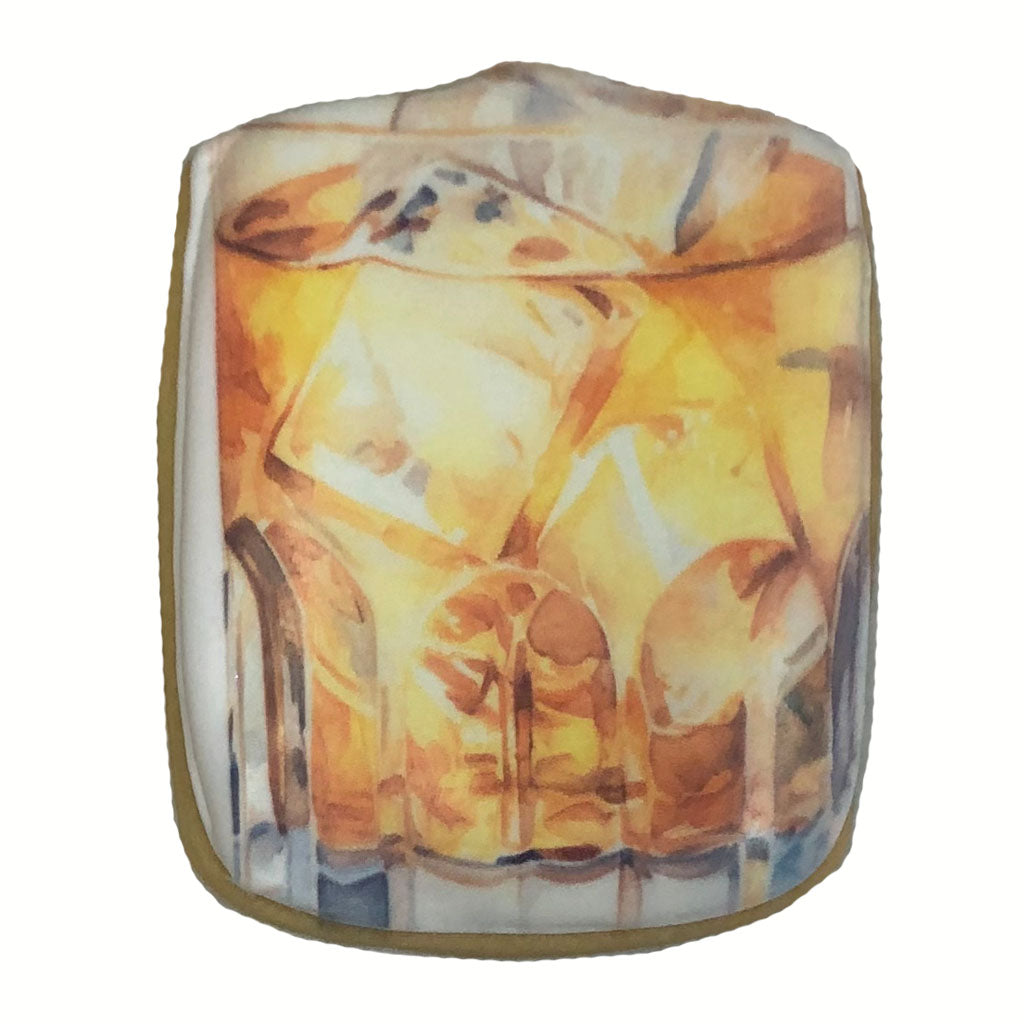 Custom shape cookie featuring a whiskey glass with ice.
