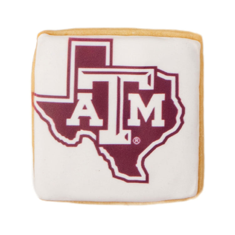 Square graduation cookie with maroon Texas A&M logo.