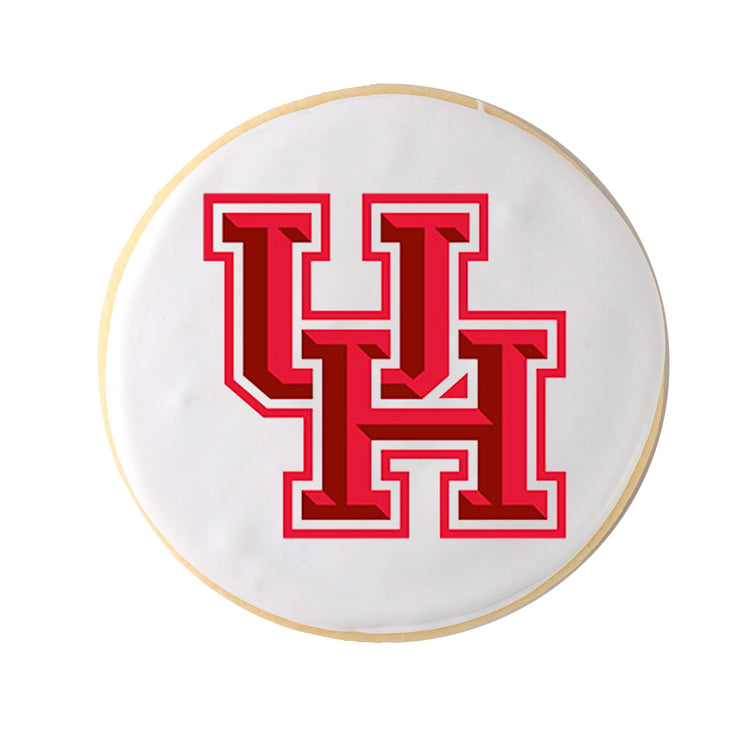 Round graduation cookie with red UH logo on white icing