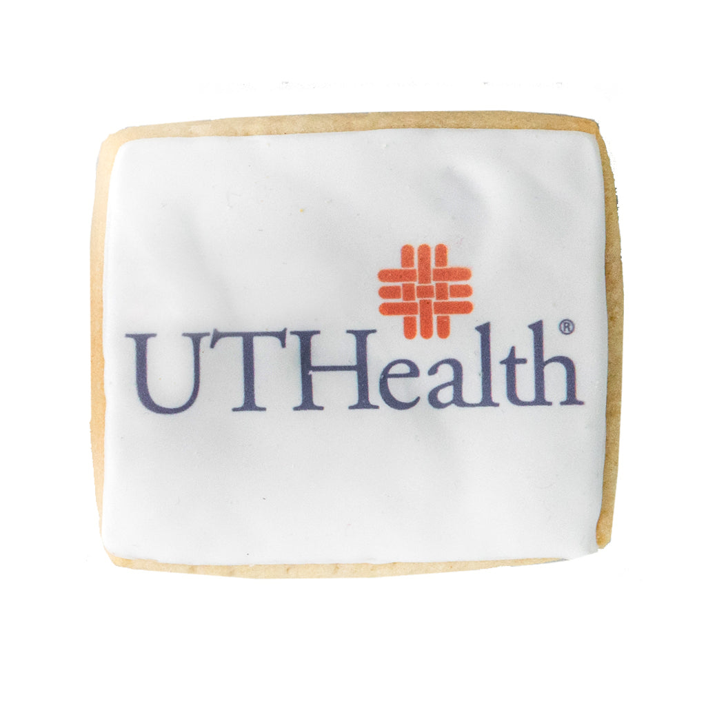 Square cookie with white icing and UTHealth logo.