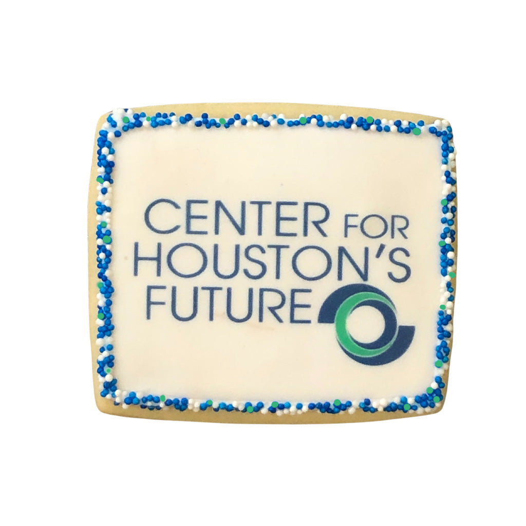 Square business card cookie with logo and blue sprinkles.