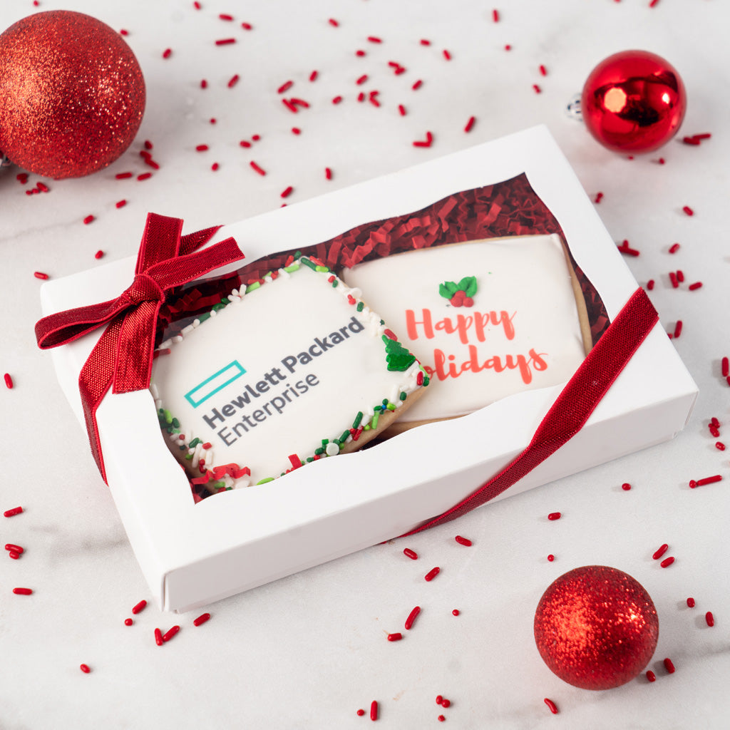 Two-pack photo and logo cookies in a white holiday gift box.